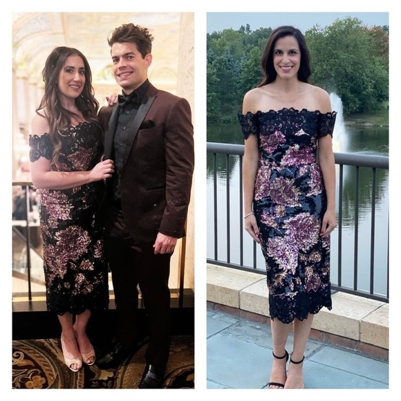 MARCHESA NOTTE dress black pink 8 floral sequin lace off the shoulder formal - Picture 3 of 16